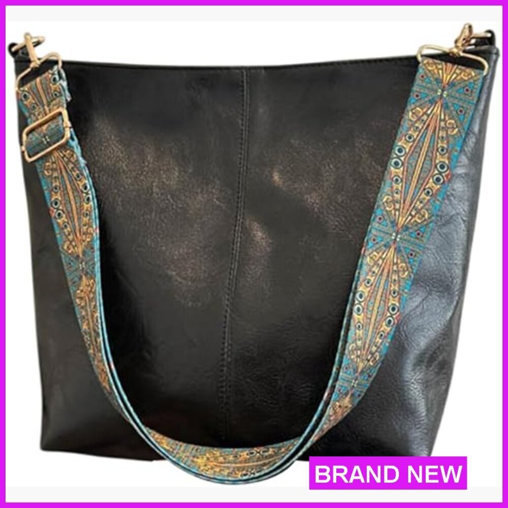 Vegan Leather Crossbody Hobo Bag with Adjustable Guitar Strap Tote